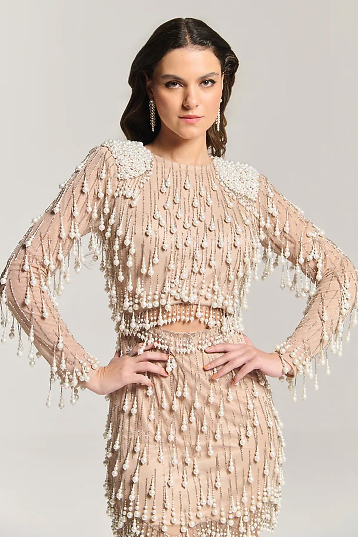 Beige Mesh Mini Cocktail Dress by BLING EMPIRE at Pernia's Pop Up Shop