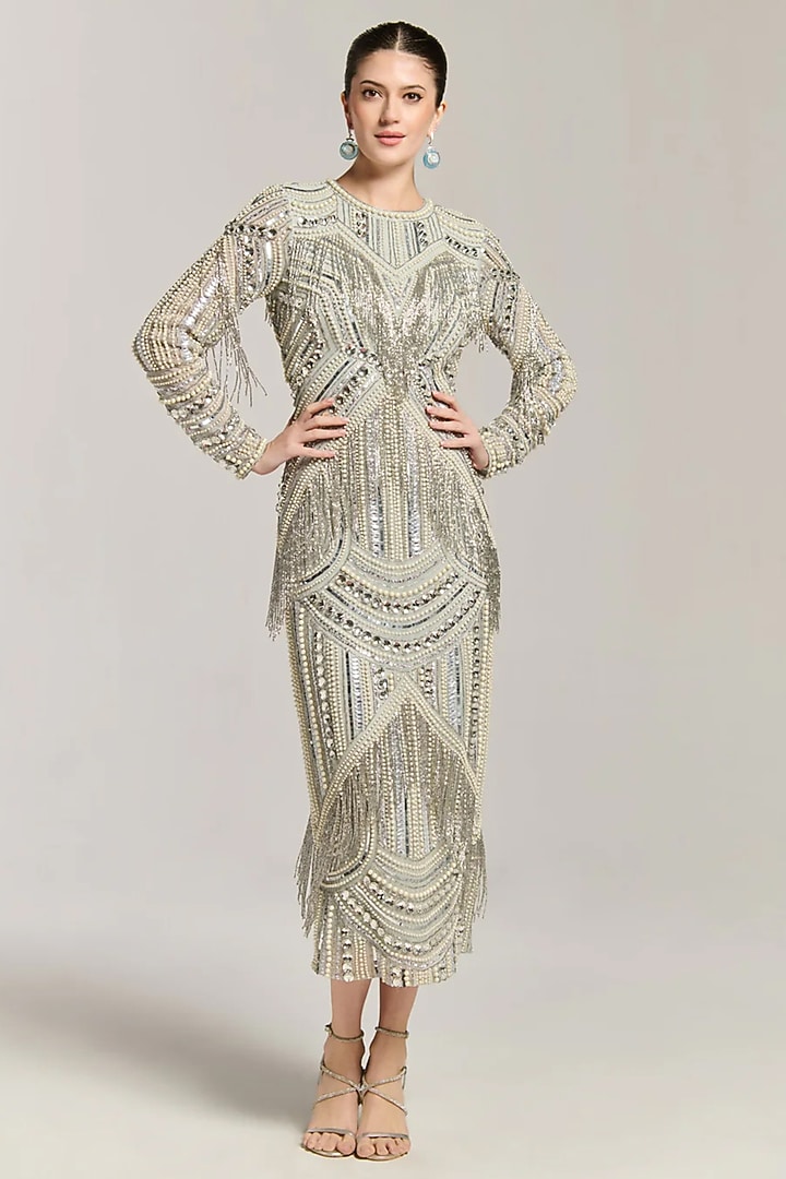 Silver Mesh Bead Embellished Cocktail Dress by BLING EMPIRE at Pernia's Pop Up Shop