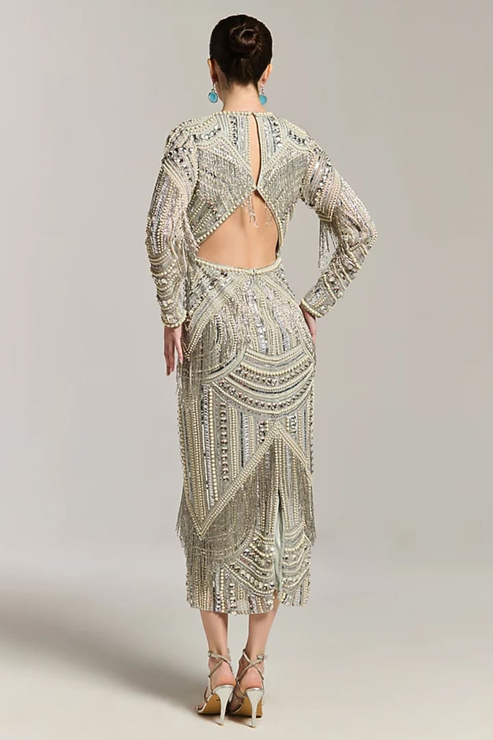 Silver Mesh Bead Embellished Cocktail Dress by BLING EMPIRE at Pernia's Pop Up Shop