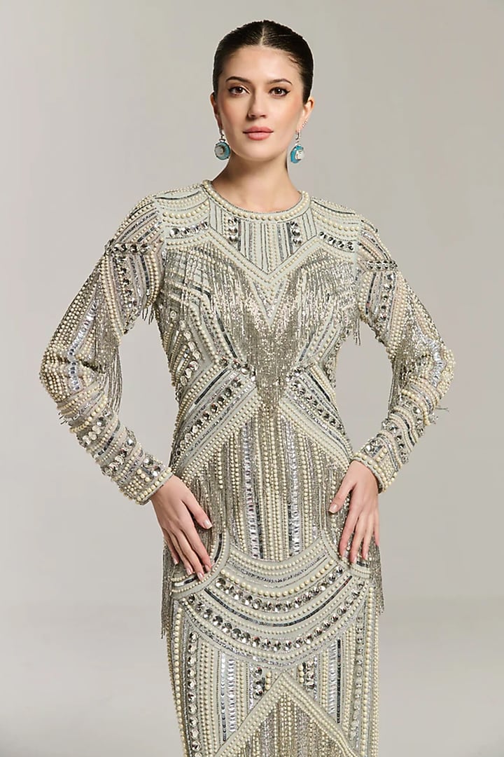Silver Mesh Bead Embellished Cocktail Dress by BLING EMPIRE at Pernia's Pop Up Shop