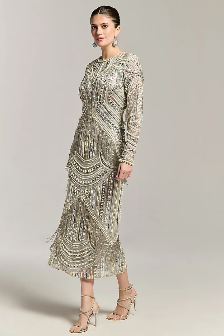 Silver Mesh Bead Embellished Cocktail Dress by BLING EMPIRE at Pernia's Pop Up Shop