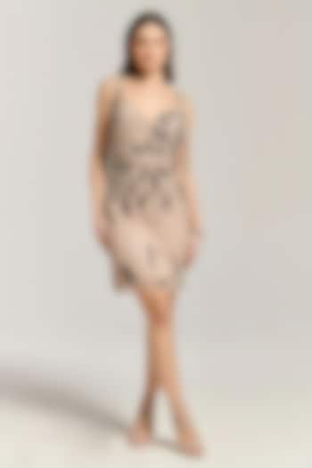 Beige Mesh Beadwork Mini Vacation Dress by BLING EMPIRE at Pernia's Pop Up Shop