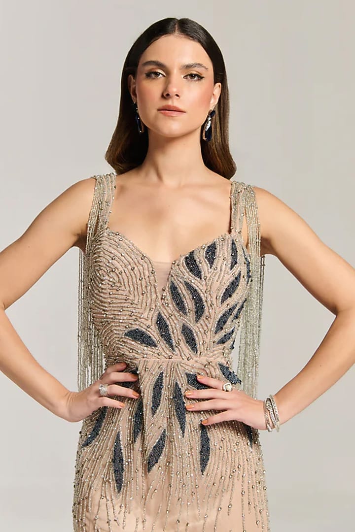 Beige Mesh Beadwork Mini Vacation Dress by BLING EMPIRE at Pernia's Pop Up Shop