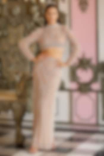 Beige Mesh Crystal Embellished Skirt Set by BLING EMPIRE at Pernia's Pop Up Shop