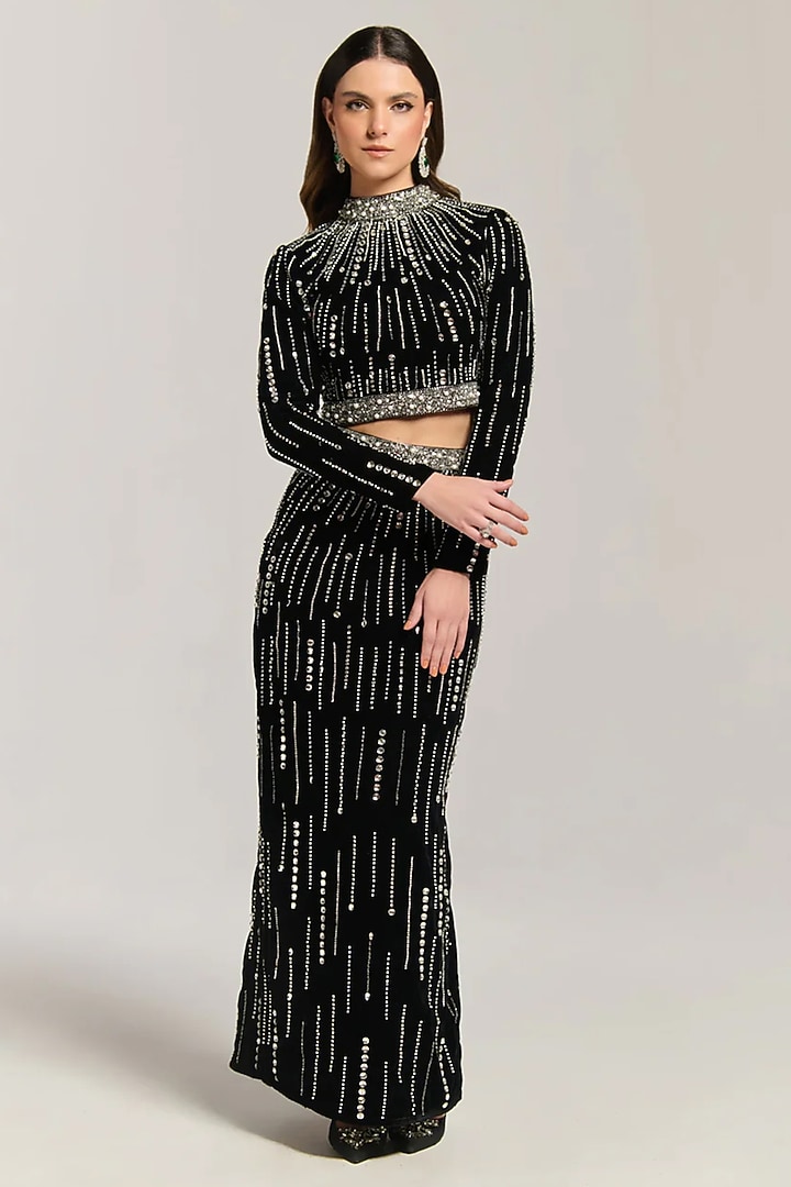 Black Mesh Crystal Embellished Skirt Set by BLING EMPIRE at Pernia's Pop Up Shop