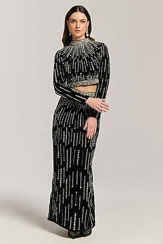 Black Mesh Crystal Embellished Skirt Set by BLING EMPIRE