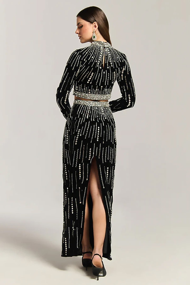 Black Mesh Crystal Embellished Skirt Set by BLING EMPIRE at Pernia's Pop Up Shop