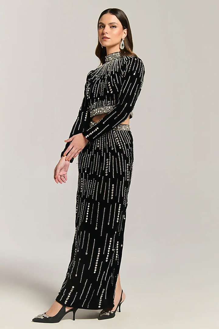 Black Mesh Crystal Embellished Skirt Set by BLING EMPIRE at Pernia's Pop Up Shop