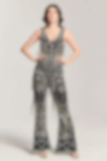 Black Mesh Bead Embellished Jumpsuit by BLING EMPIRE at Pernia's Pop Up Shop