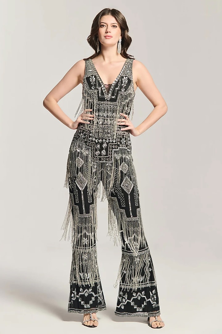Black Mesh Bead Embellished Jumpsuit by BLING EMPIRE at Pernia's Pop Up Shop