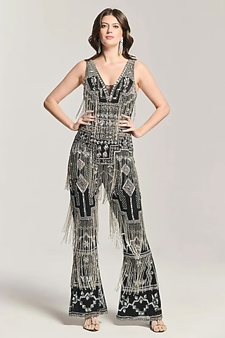 Black Mesh Bead Embellished Jumpsuit by BLING EMPIRE