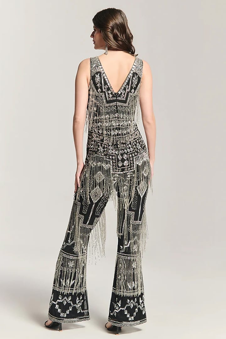 Black Mesh Bead Embellished Jumpsuit by BLING EMPIRE at Pernia's Pop Up Shop