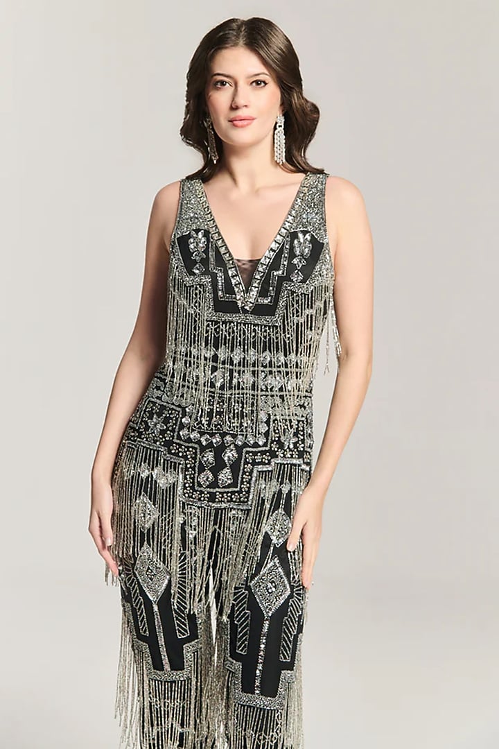 Black Mesh Bead Embellished Jumpsuit by BLING EMPIRE at Pernia's Pop Up Shop