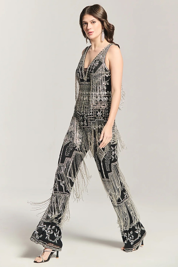 Black Mesh Bead Embellished Jumpsuit by BLING EMPIRE at Pernia's Pop Up Shop
