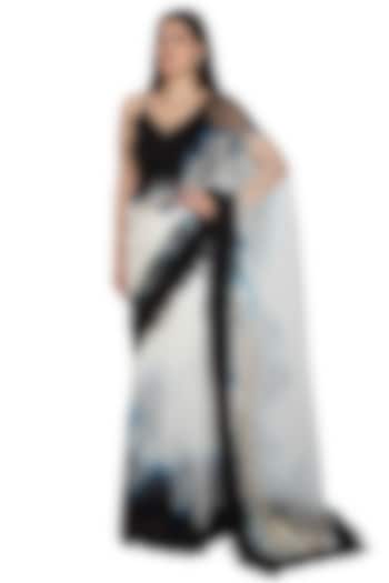 White Tie-Dye Embroidered Saree With Skirt by BLONI