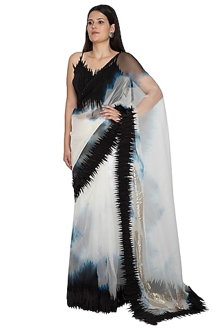 White Tie-Dye Embroidered Saree With Skirt by BLONI
