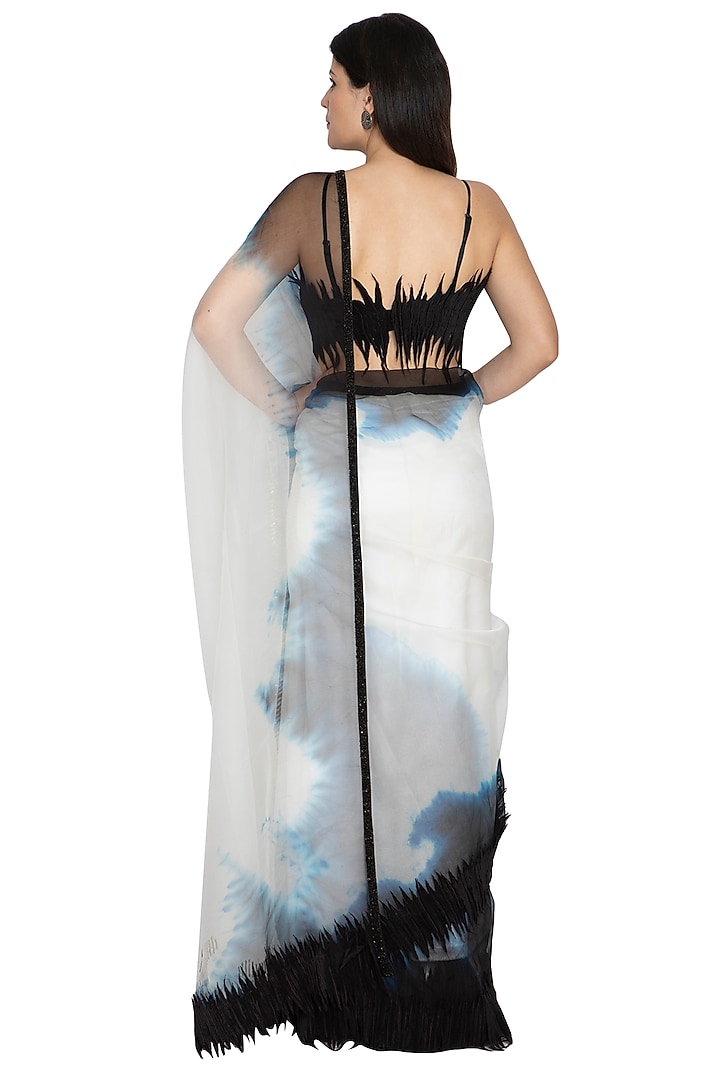 White Tie-Dye Embroidered Wedding Saree With Skirt by BLONI at Pernia's Pop Up Shop