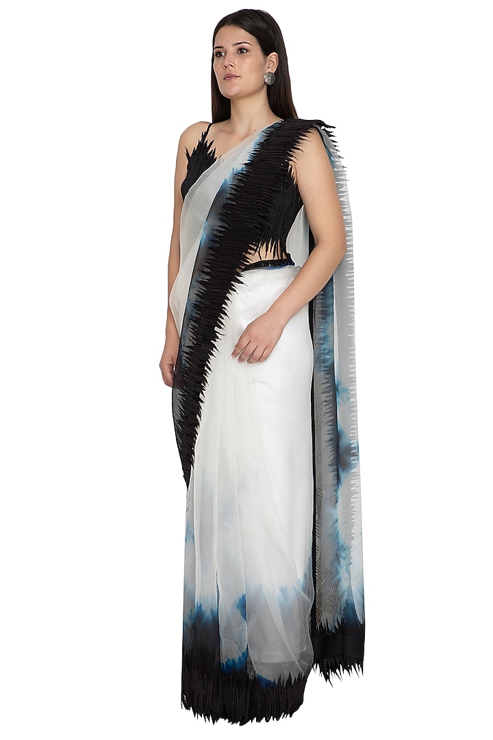 White Tie-Dye Embroidered Wedding Saree With Skirt by BLONI at Pernia's Pop Up Shop