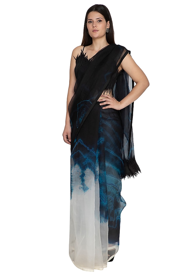 Black & White Tie-Dye Party Wear Saree With Skirt by BLONI at Pernia's Pop Up Shop