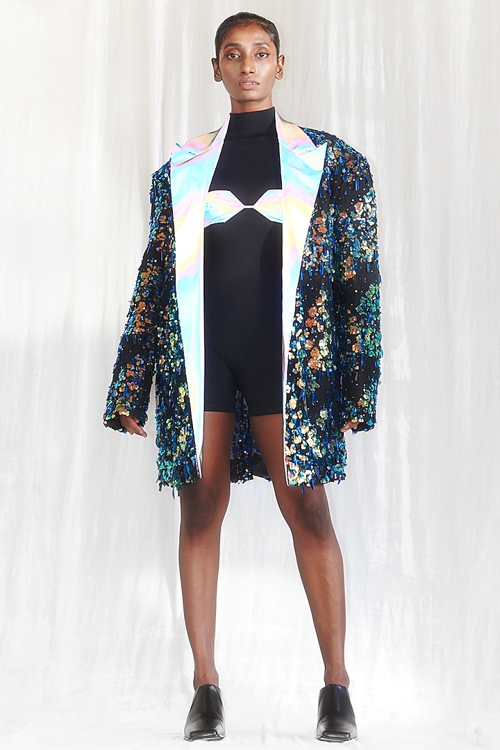 Blue & Iridescent Blue Embroidered Jacket by BLONI