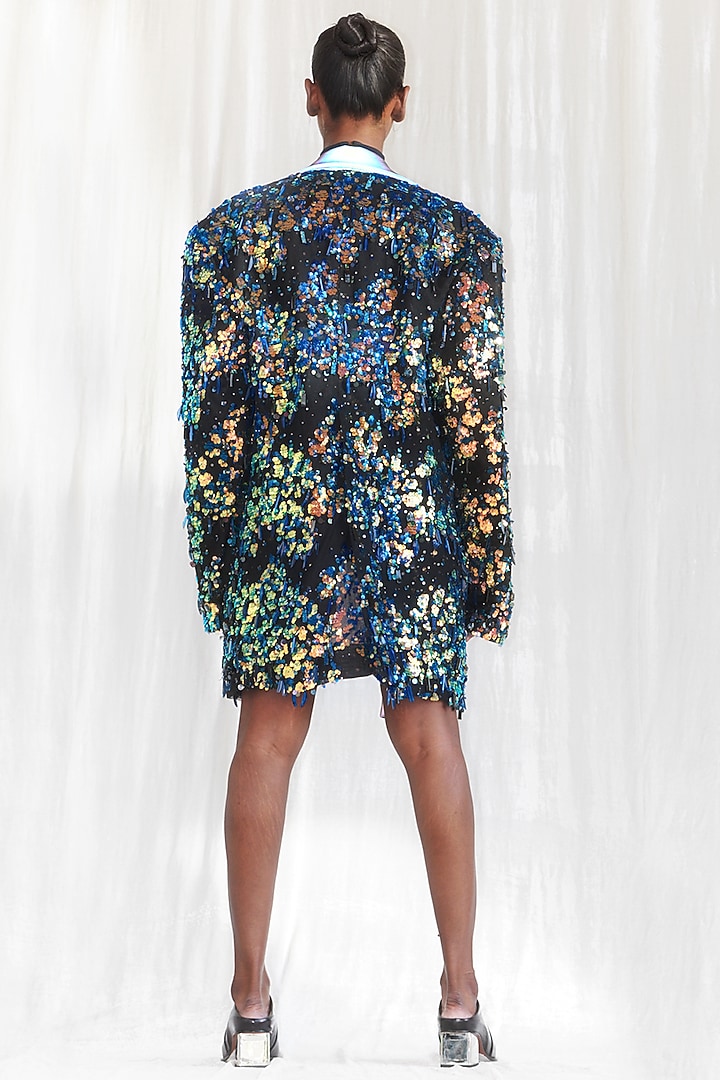 Blue & Iridescent Blue Embroidered Jacket by BLONI at Pernia's Pop Up Shop
