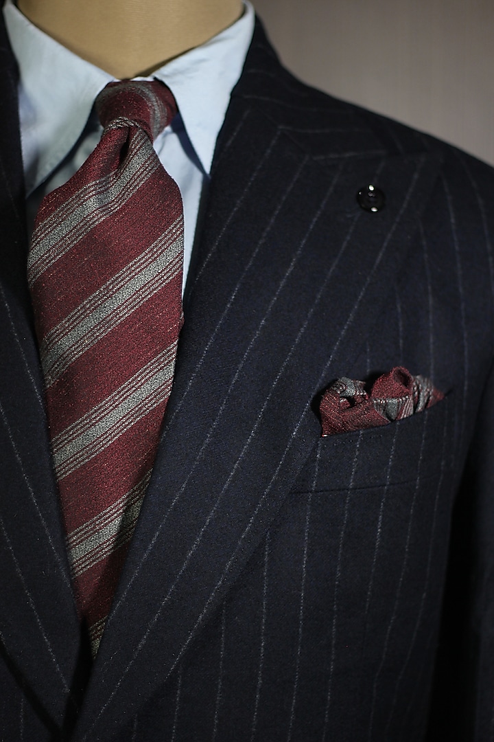 Maroon & Grey Cashmere Wool Striped Tie & Pocket Square (Set of 2) by Blaqhorse