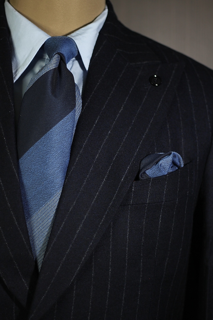 Sky Blue & Navy Blue Cashmere Wool Block-Striped Tie & Pocket Square (Set of 2) by Blaqhorse