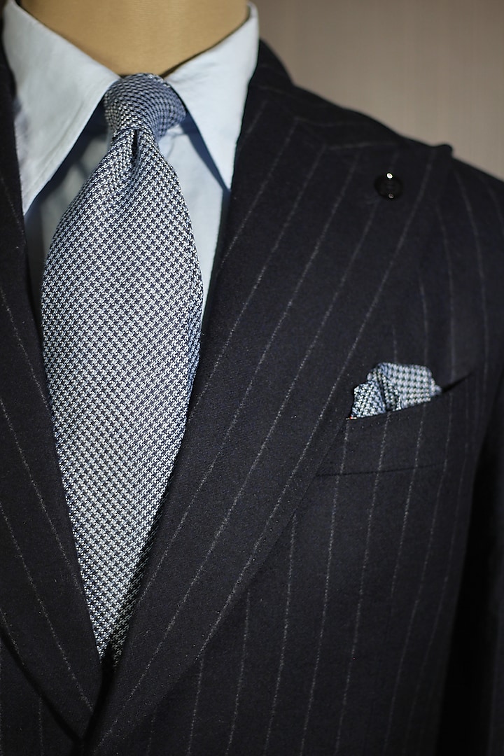 Navy Blue & Sky Blue Cashmere Wool Houndstooth Tie & Pocket Square (Set of 2) by Blaqhorse
