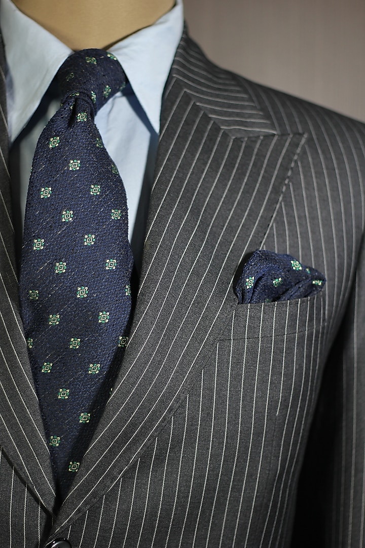 Navy Blue & Green Cashmere Wool Geometric Floral Tie & Pocket Square (Set of 2) by Blaqhorse