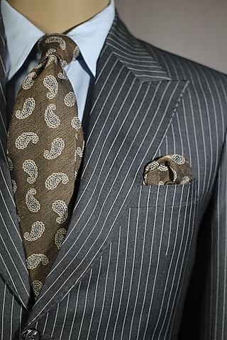 Khaki Cashmere Wool Paisley Printed Tie & Pocket Square (Set of 2) by Blaqhorse