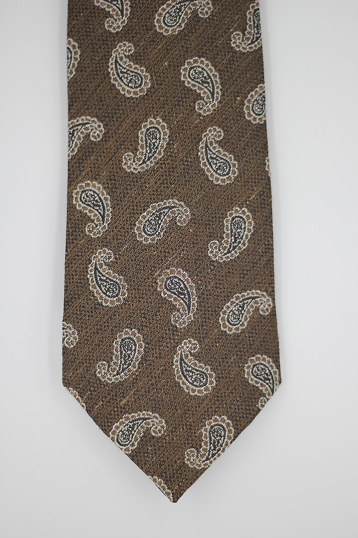 Khaki Cashmere Wool Paisley Printed Tie & Pocket Square (Set of 2) by Blaqhorse at Pernia's Pop Up Shop