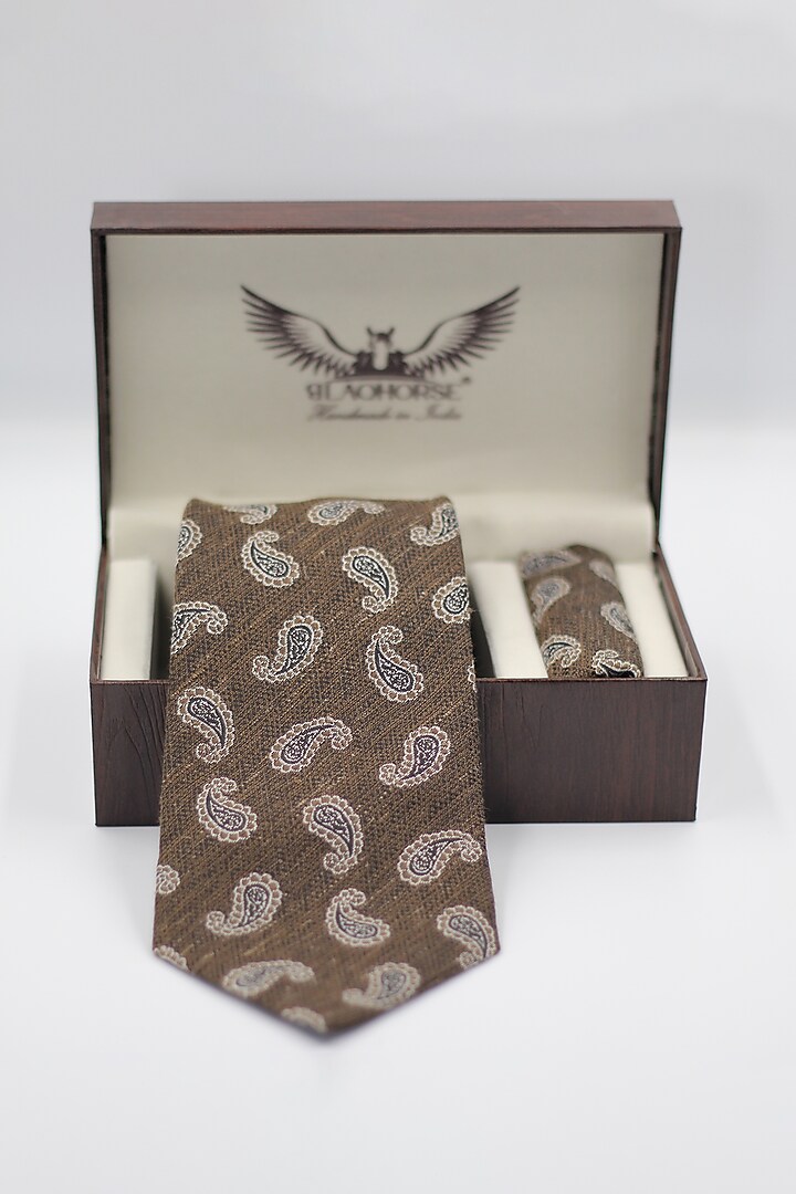 Khaki Cashmere Wool Paisley Printed Tie & Pocket Square (Set of 2) by Blaqhorse at Pernia's Pop Up Shop