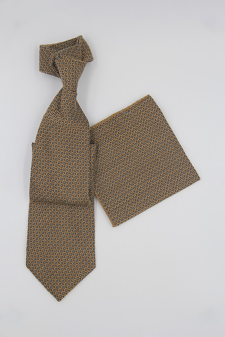 Khaki Cashmere Wool Patterned Tie & Pocket Square (Set of 2) by Blaqhorse at Pernia's Pop Up Shop