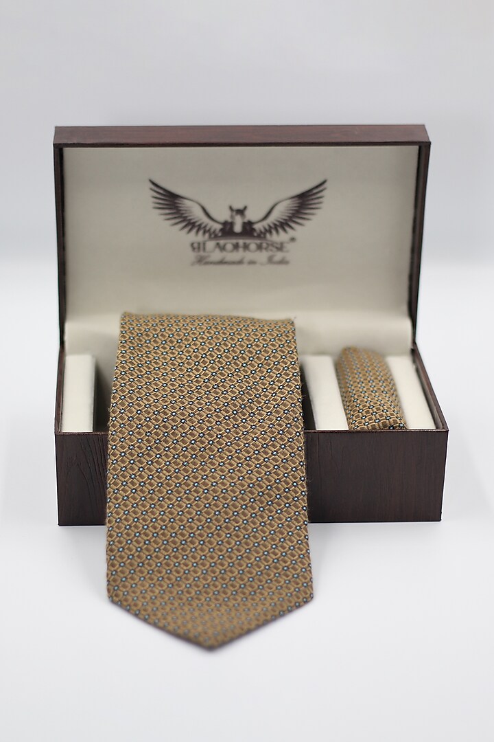 Khaki Cashmere Wool Patterned Tie & Pocket Square (Set of 2) by Blaqhorse at Pernia's Pop Up Shop
