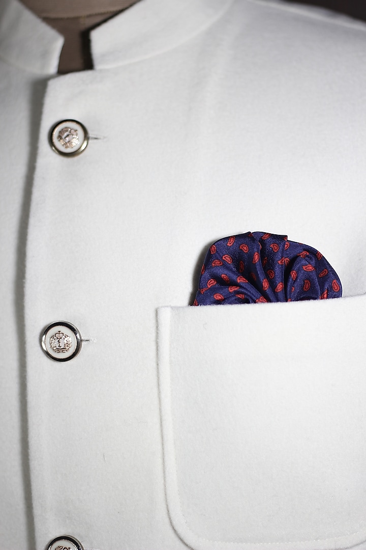 Navy Blue & Red Italian Silk Paisley Printed Pocket Square by Blaqhorse