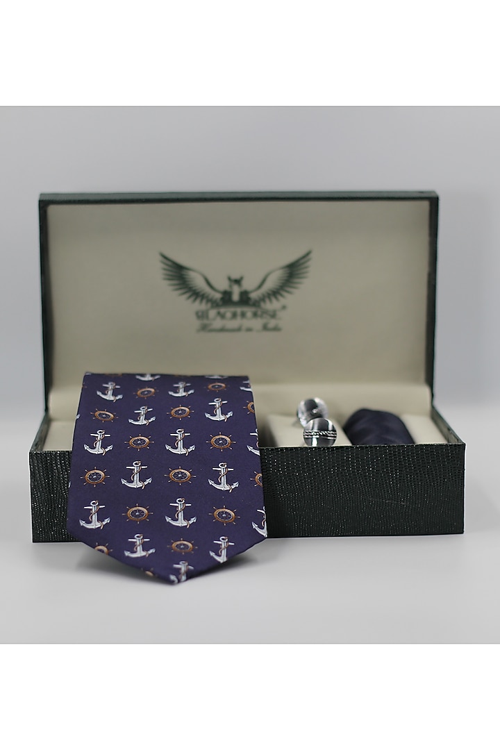 Navy Blue Madder Silk Spun Horse Sleigh Tie Set by Blaqhorse