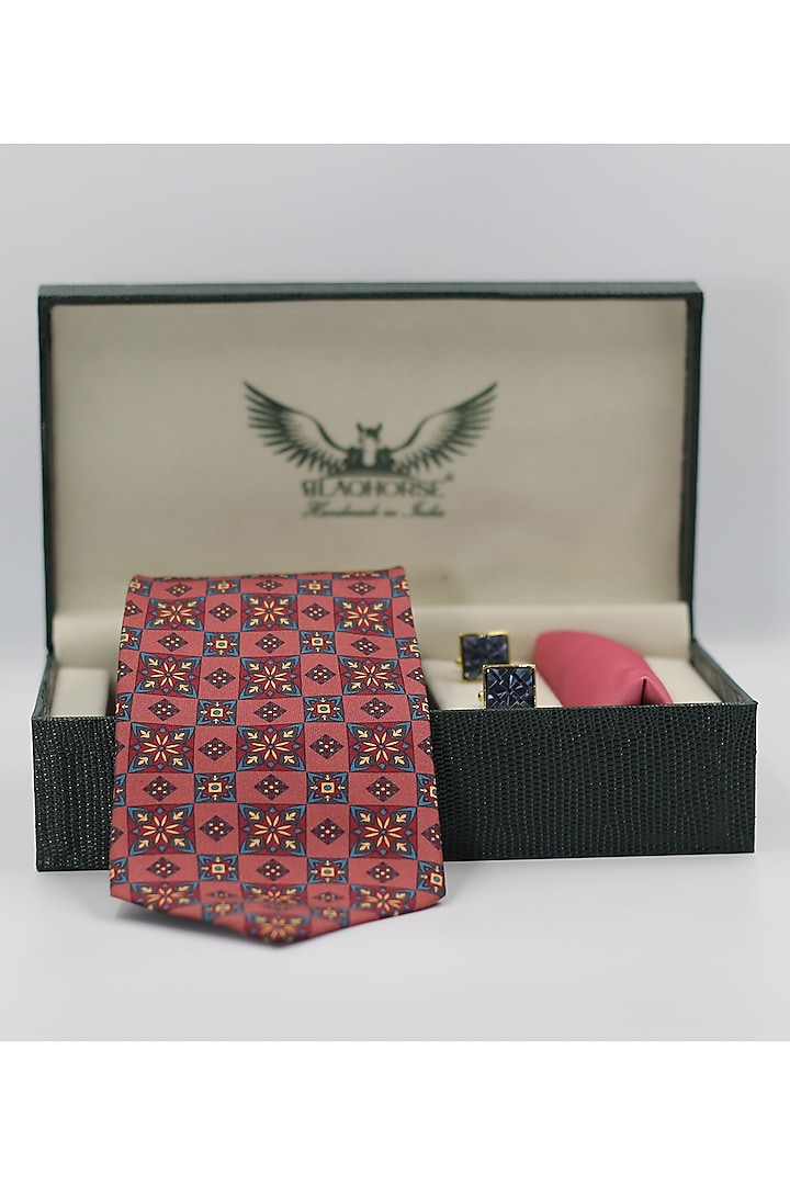 Salmon Pink Madder Silk Spun Diamond Floral Tie Set by Blaqhorse