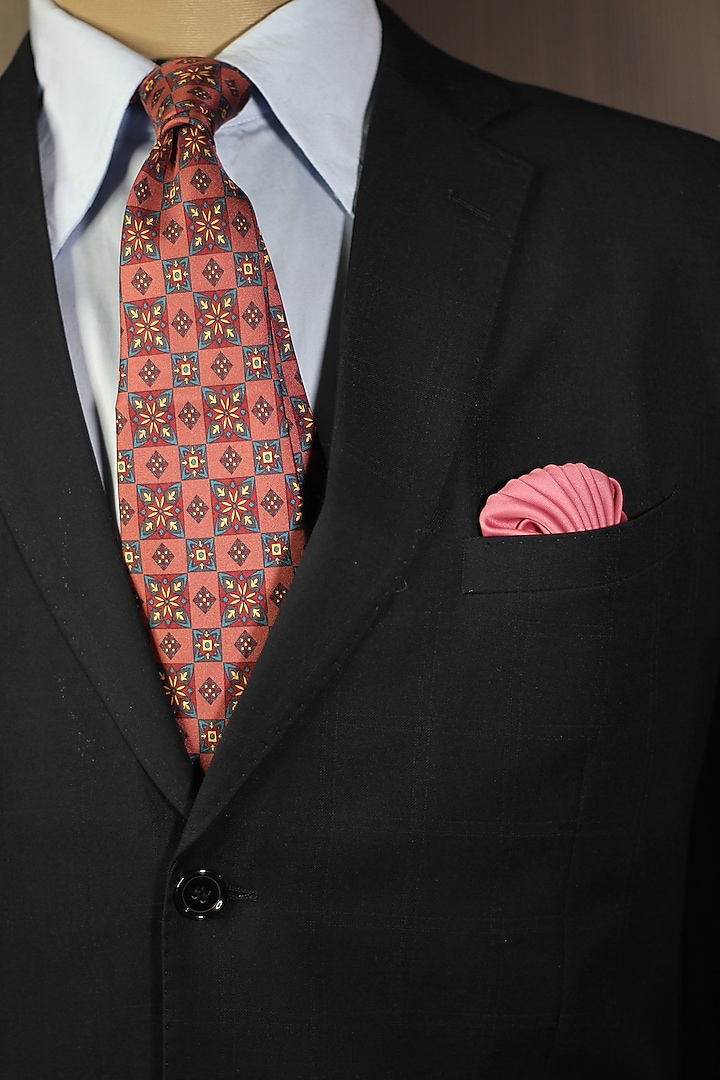 Salmon Pink Madder Silk Spun Diamond Floral Tie Set by Blaqhorse at Pernia's Pop Up Shop