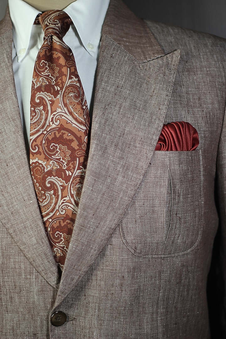 Brown & Beige Madder Silk Spun Brick Paisley Tie Set by Blaqhorse at Pernia's Pop Up Shop
