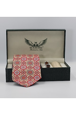 Beige & Dark Pink Madder Silk Spun Mandala Tie Set by Blaqhorse
