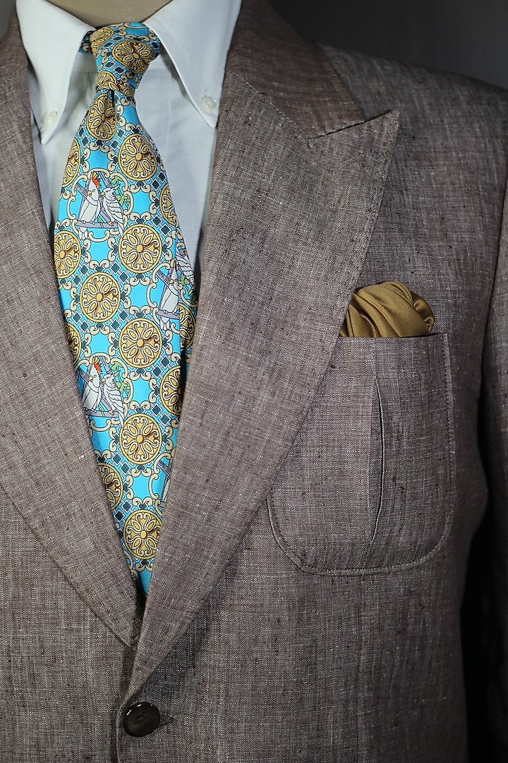 Aqua Blue & Yellow Madder Silk Spun Cockatoos Tie Set by Blaqhorse at Pernia's Pop Up Shop