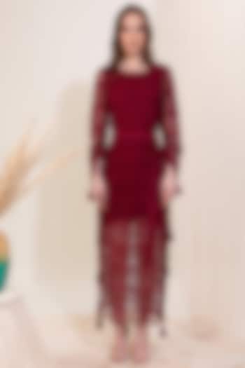 Marsala Red Cotton Crochet Maxi Dress by Blush & M