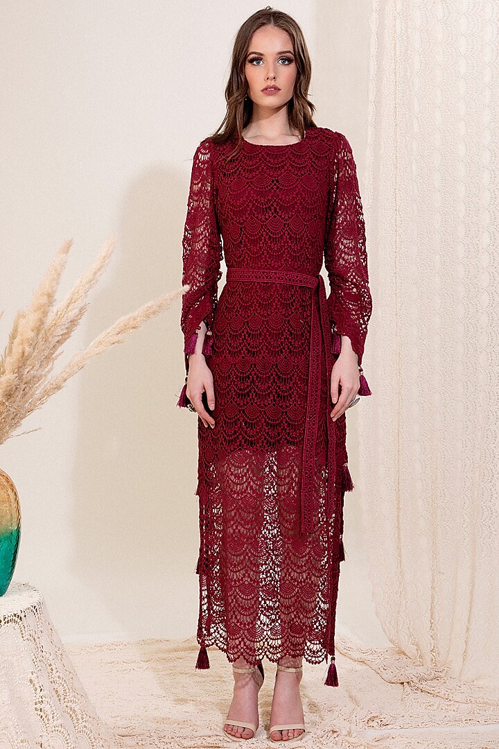 Marsala Red Cotton Crochet Maxi Dress by Blush & M