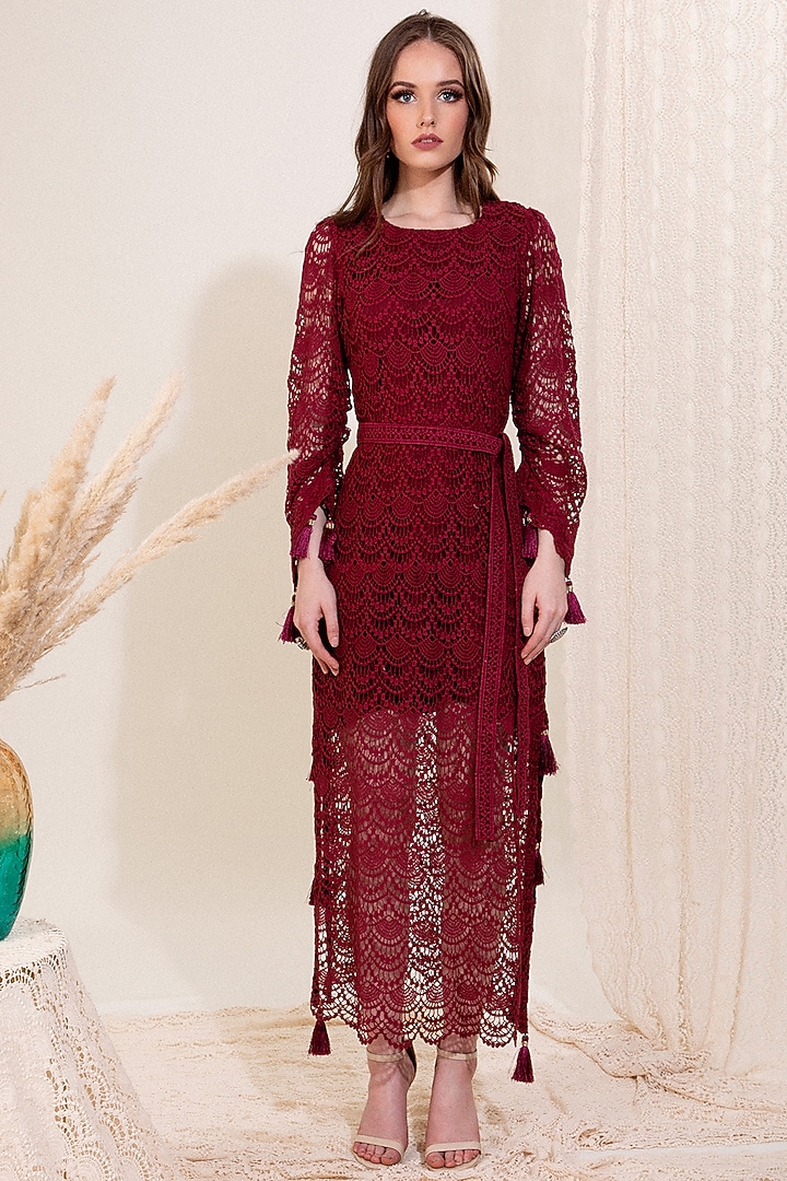 Marsala Red Cotton Crochet Maxi Summer Dress by Blush & M at Pernia's Pop Up Shop