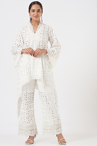 White Embroidered Kurta Set by Blush & M