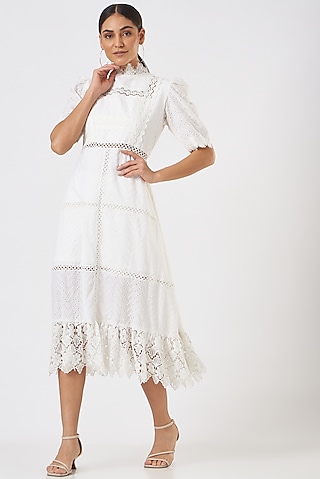 White Embroidered Midi Dress by Blush & M