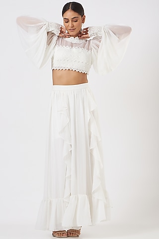 White Georgette Frilled Skirt Set by Blush & M