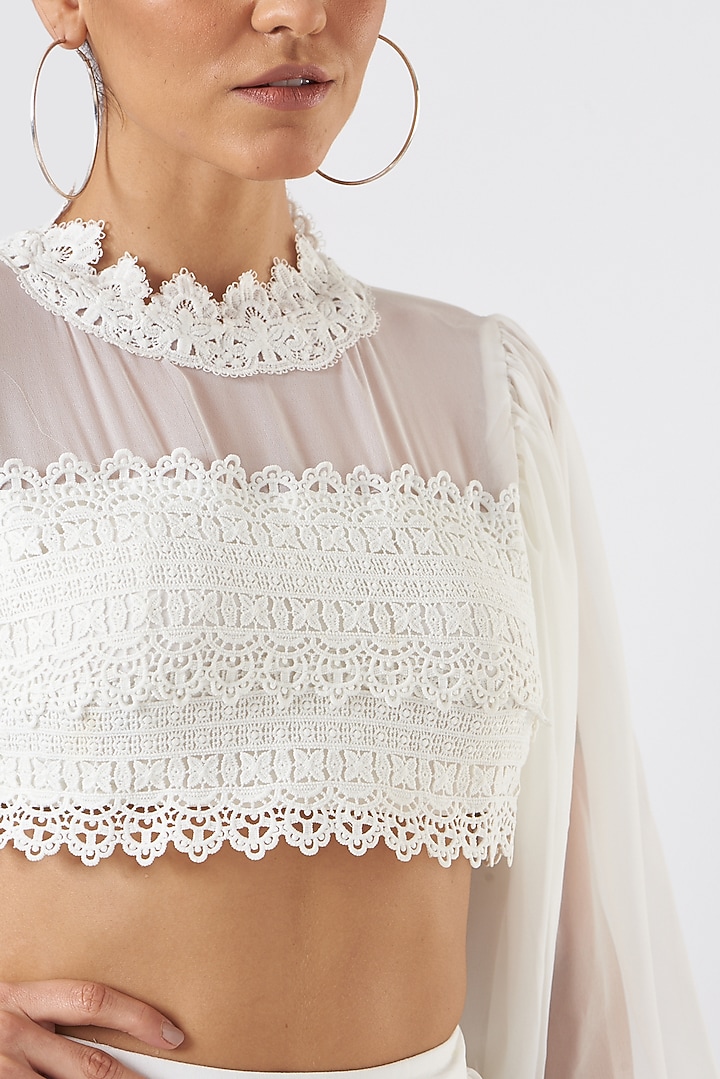 White Georgette Frilled Skirt Set by Blush & M at Pernia's Pop Up Shop