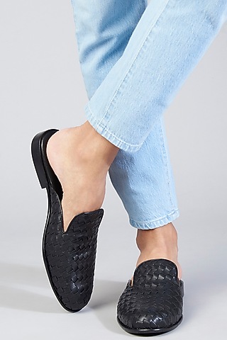 Black Vegan Leather Hand Woven Mules by SKO Men