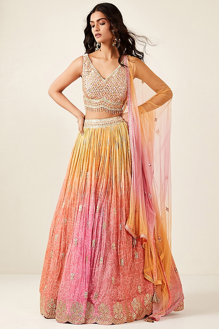 Pink Chinon Printed & Tie-Dyed Lehenga Set by Basanti - Kapde aur Koffee at Pernia's Pop Up Shop
